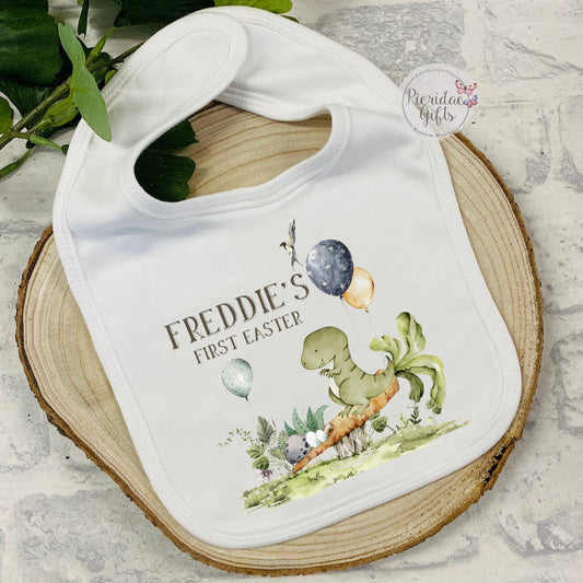 Personalised First Easter Woodlands Dino Theme Baby Bib