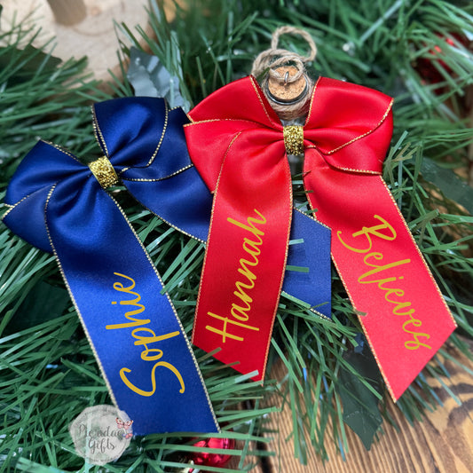 Personalised Christmas glitter Hair Bow Red glitter Navy