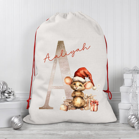 Personalised Luxury Christmas Mouse Initial Santa Sack, Xmas Stocking, 66 x 50 cm