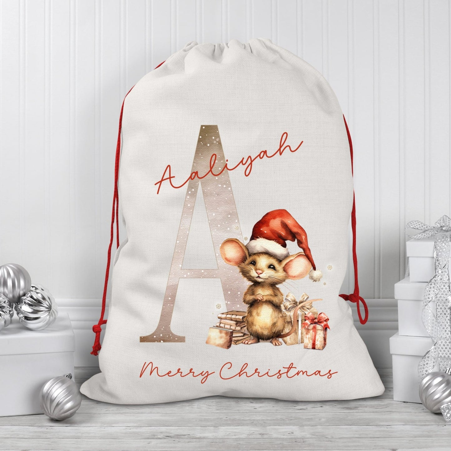 Personalised Luxury Christmas Mouse Initial Santa Sack, Xmas Stocking, 66 x 50 cm