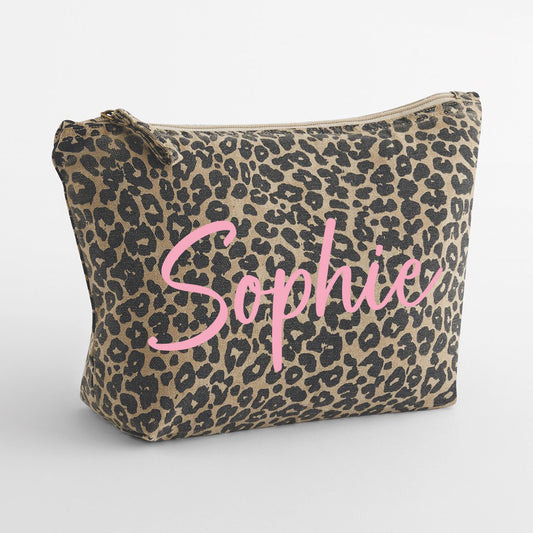 Personalised Leopard print canvas make up travel accessory bag