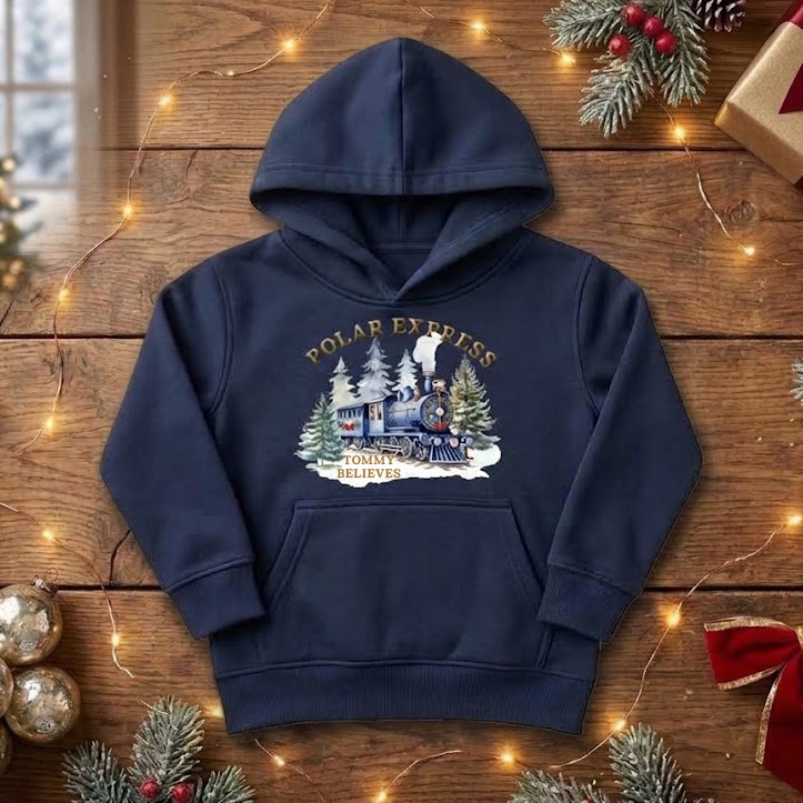 Personalised navy Polar Express Christmas hoodie with metallic-gold name printing, available in toddler, kids’, ladies’ and men’s sizes.