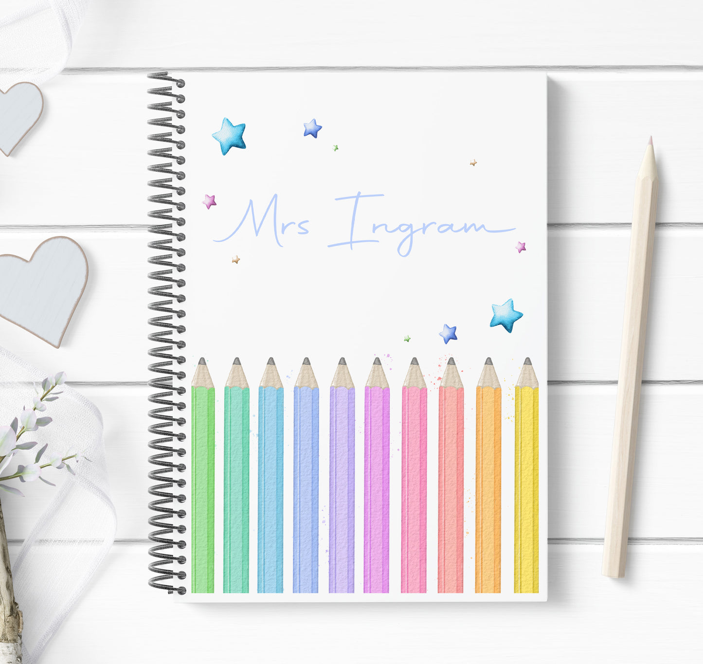 Personalised Rainbow Pencil Teacher's Notebook