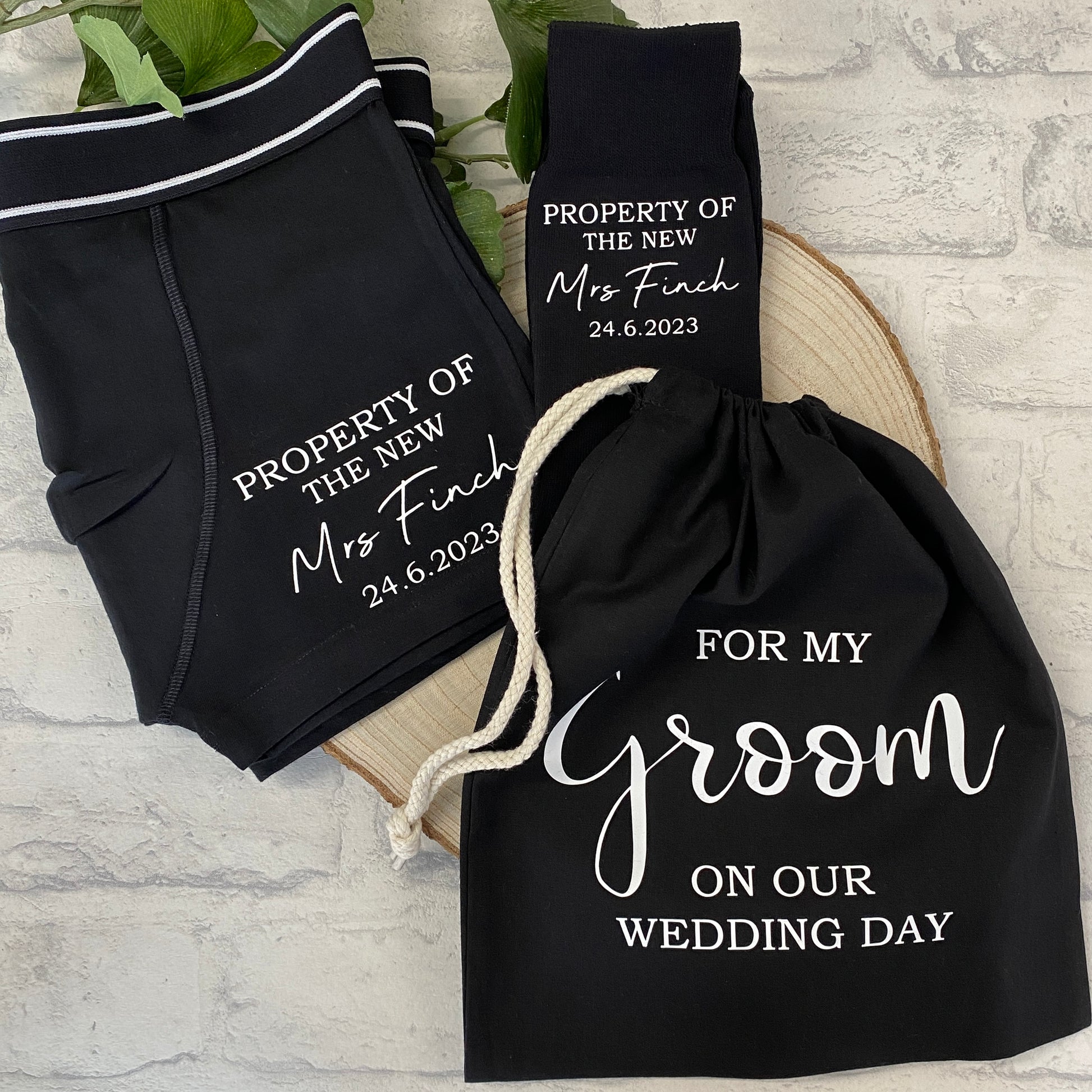 Property of the new mrs personalised groom boxers