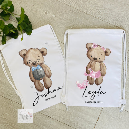 Personalised Flower Girl and Page Boy Bear Drawstring Bag