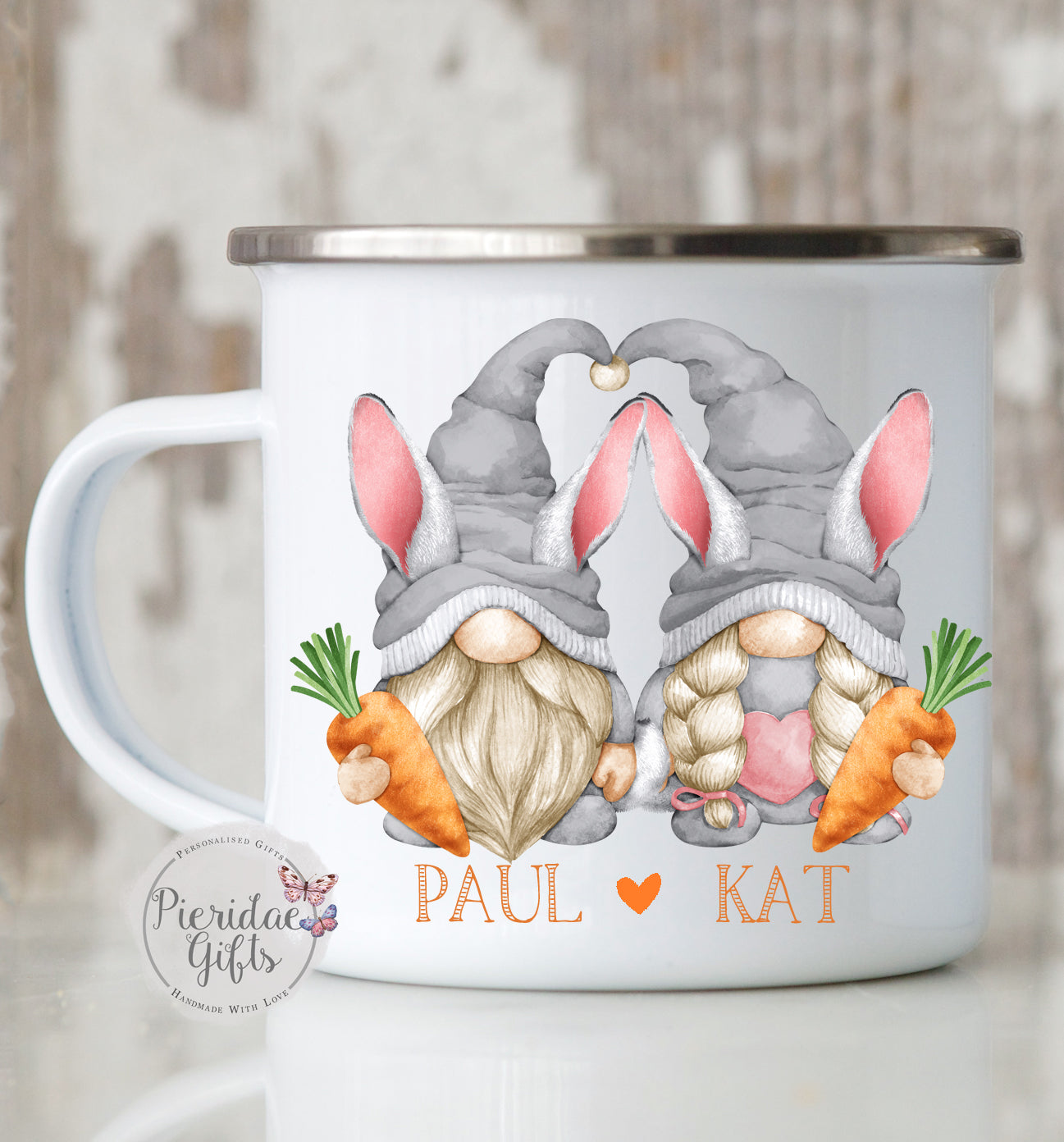 Personalised Easter Gnome Couple Enamel Mug
