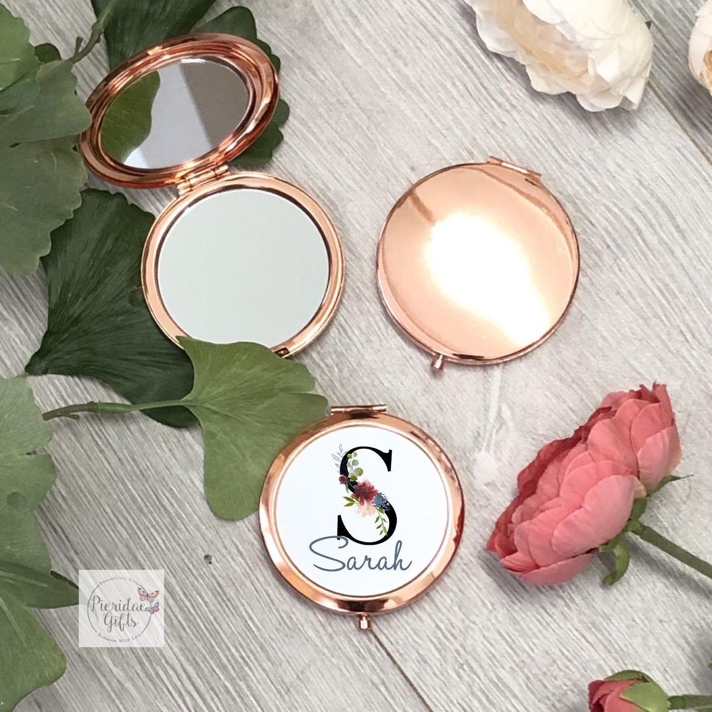 Floral Initial Round Compact Mirror - Rose Gold