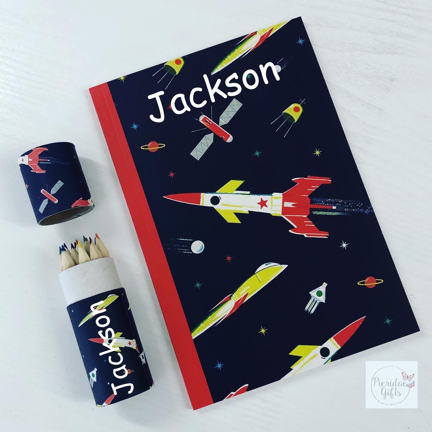 Personalised Space Colouring Pencil Pot and Notebook Set
