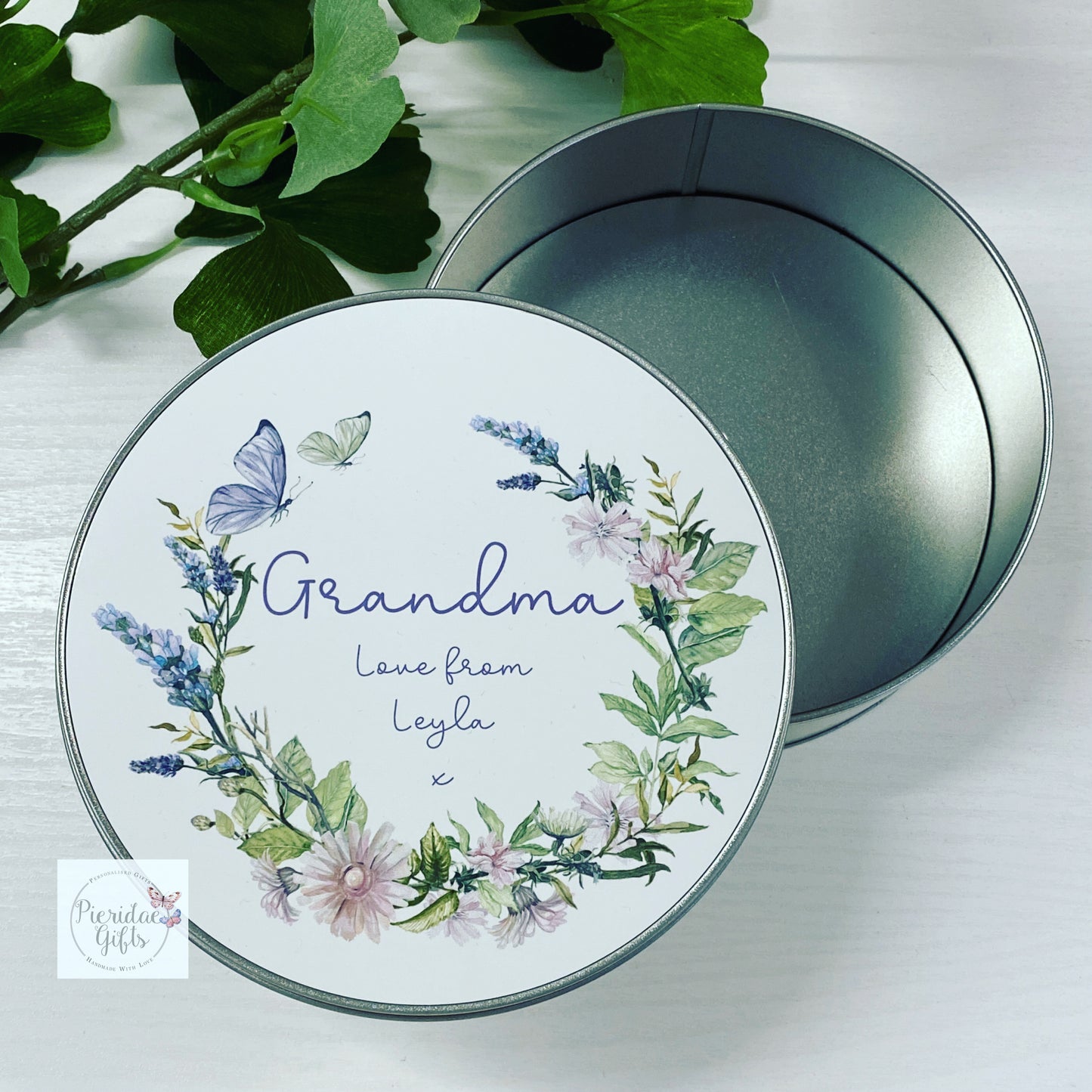 Personalised Butterfly Wreath Round Tin