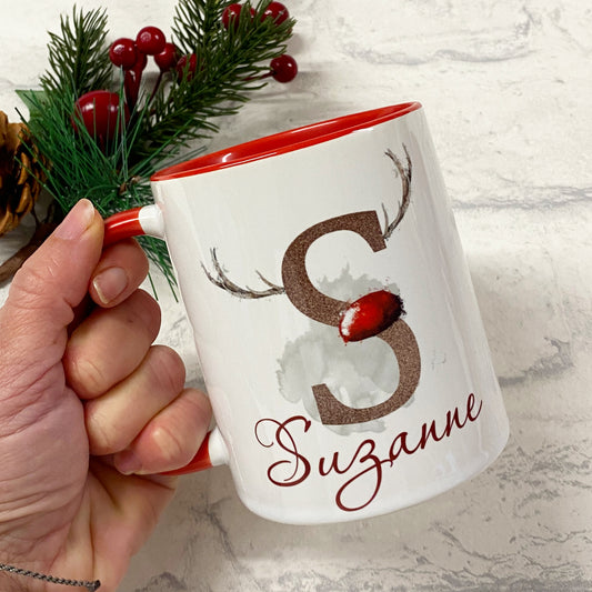 Personalised Christmas Initial Antler Mug